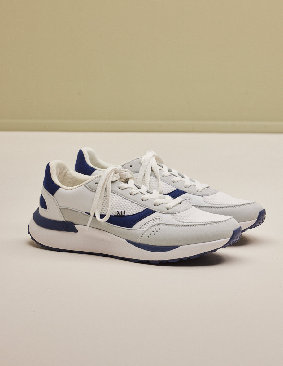 Running shoes Anael - White and navy-blue recycled leather and vegan suede