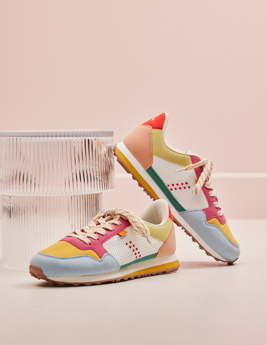 Running shoes Gabrielle - Sky-blue, mustard and fuchsia vegan suede and mesh