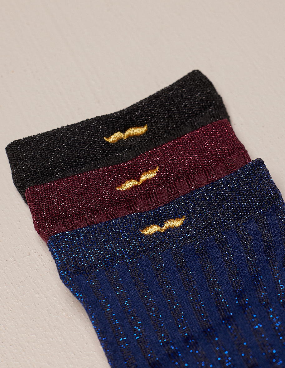 Pack of 3 socks - Black ribbed, burgundy and blue
