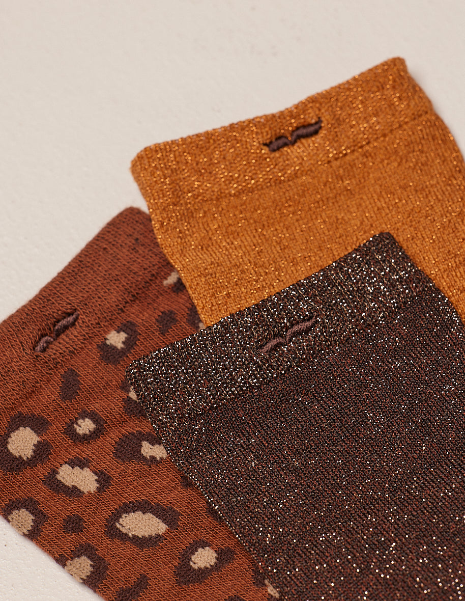 Pack of 3 socks - glitter and brown leopard