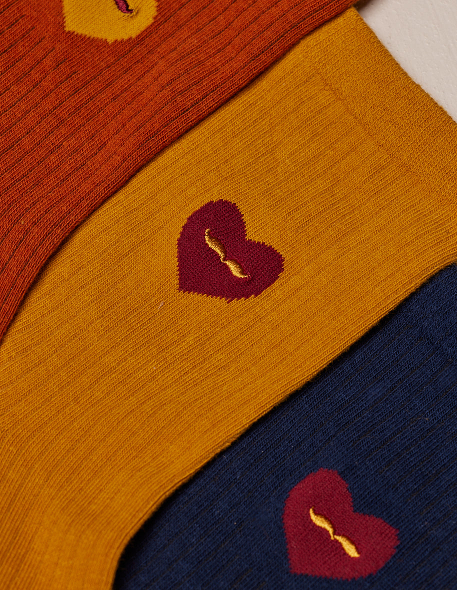Pack of 3 socks - Fantasy - Mustard heart Marine Terracotta