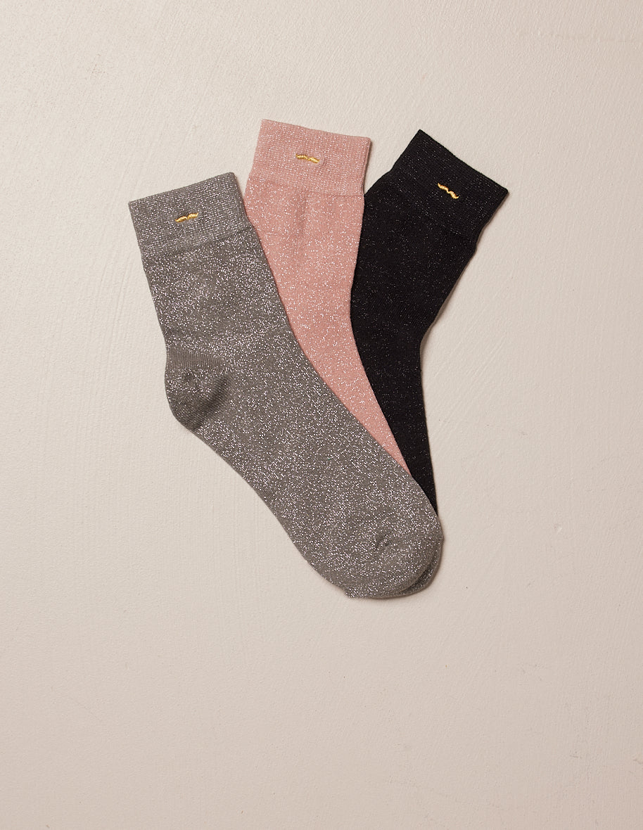 Pack of 3 socks - Pink and black silver sequins