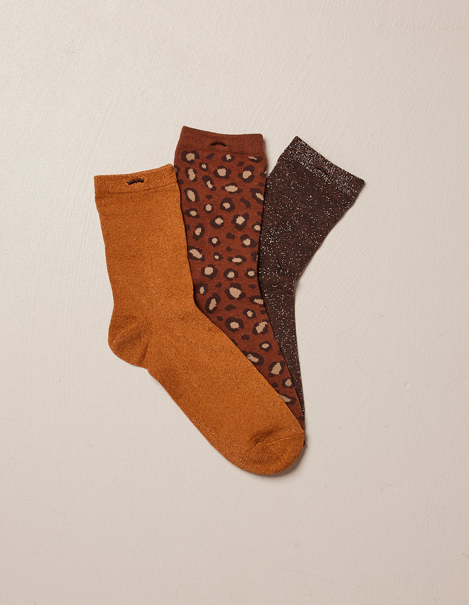 Pack of 3 socks - glitter and brown leopard