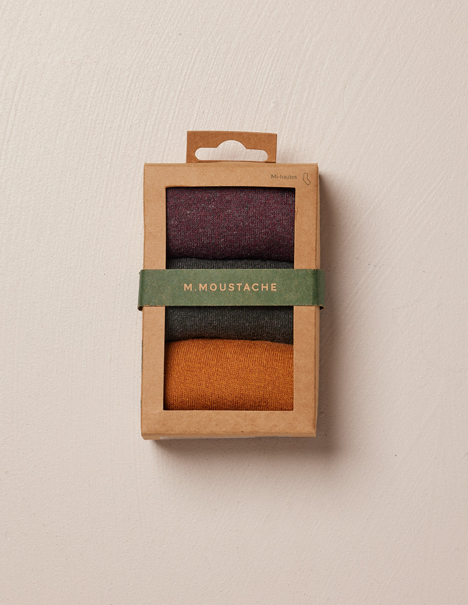 Pack of 3 socks - Chined - Bordeaux Vert and mustard