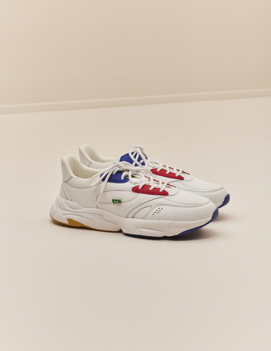 Running shoes Nathanael - White, red and mustard recycled leather and vegan suede