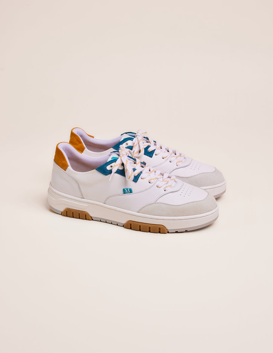 Low-top trainers Albert - White, petrol-blue and mustard leather and suede