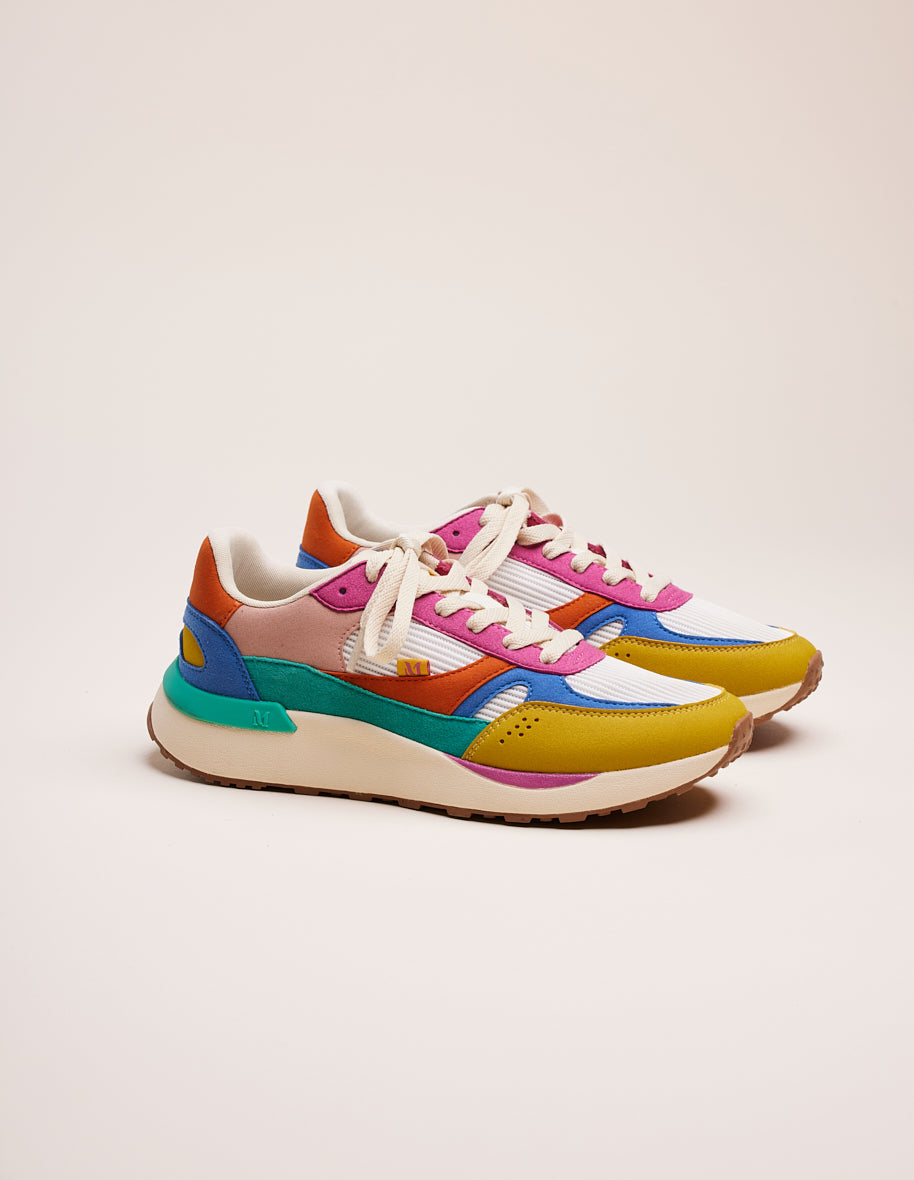 Low-top trainers Anaelle - Vegan suede and fuchsia blue yellow mesh