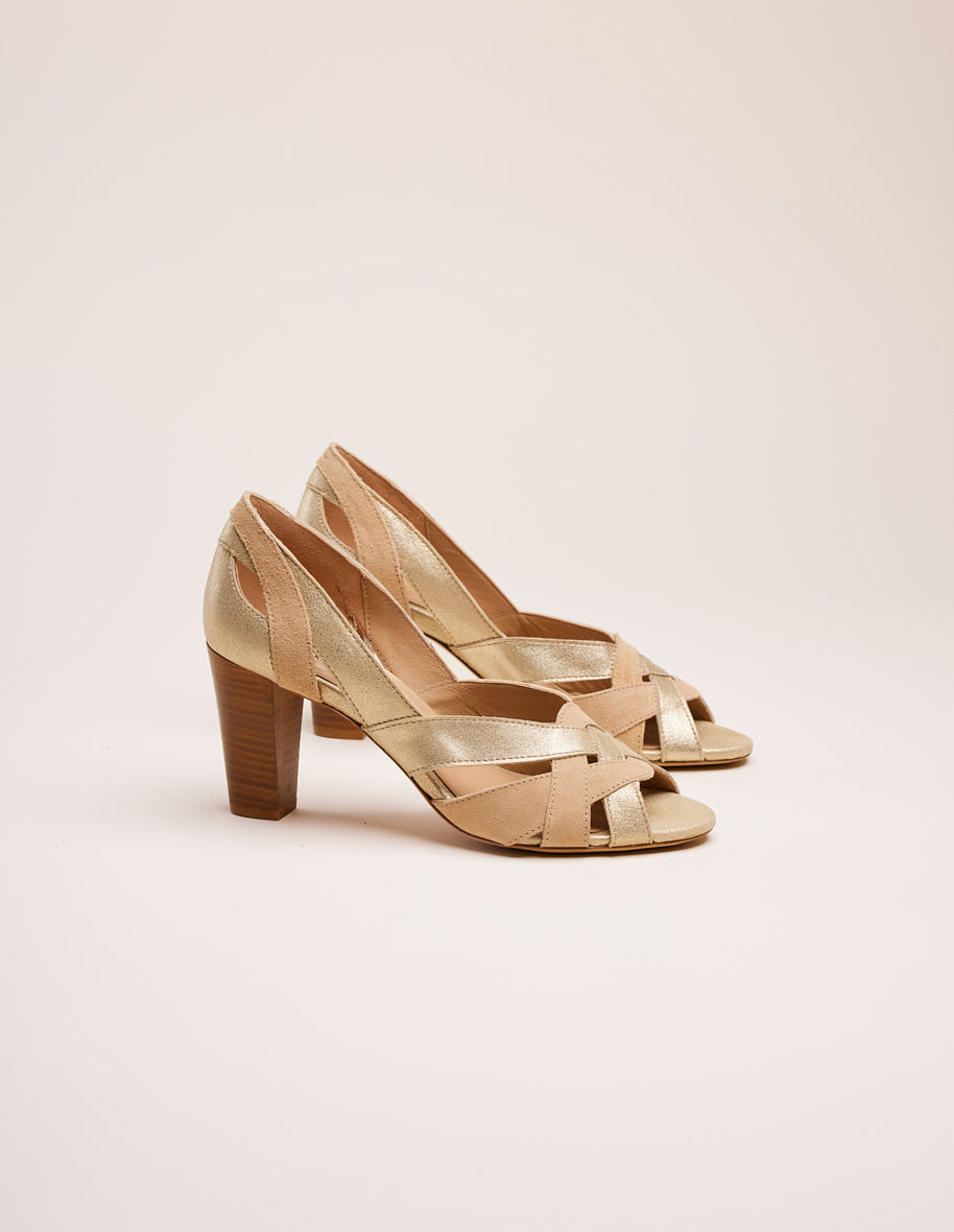 Heeled Sandals Clémentine H - Champagne and beige leather