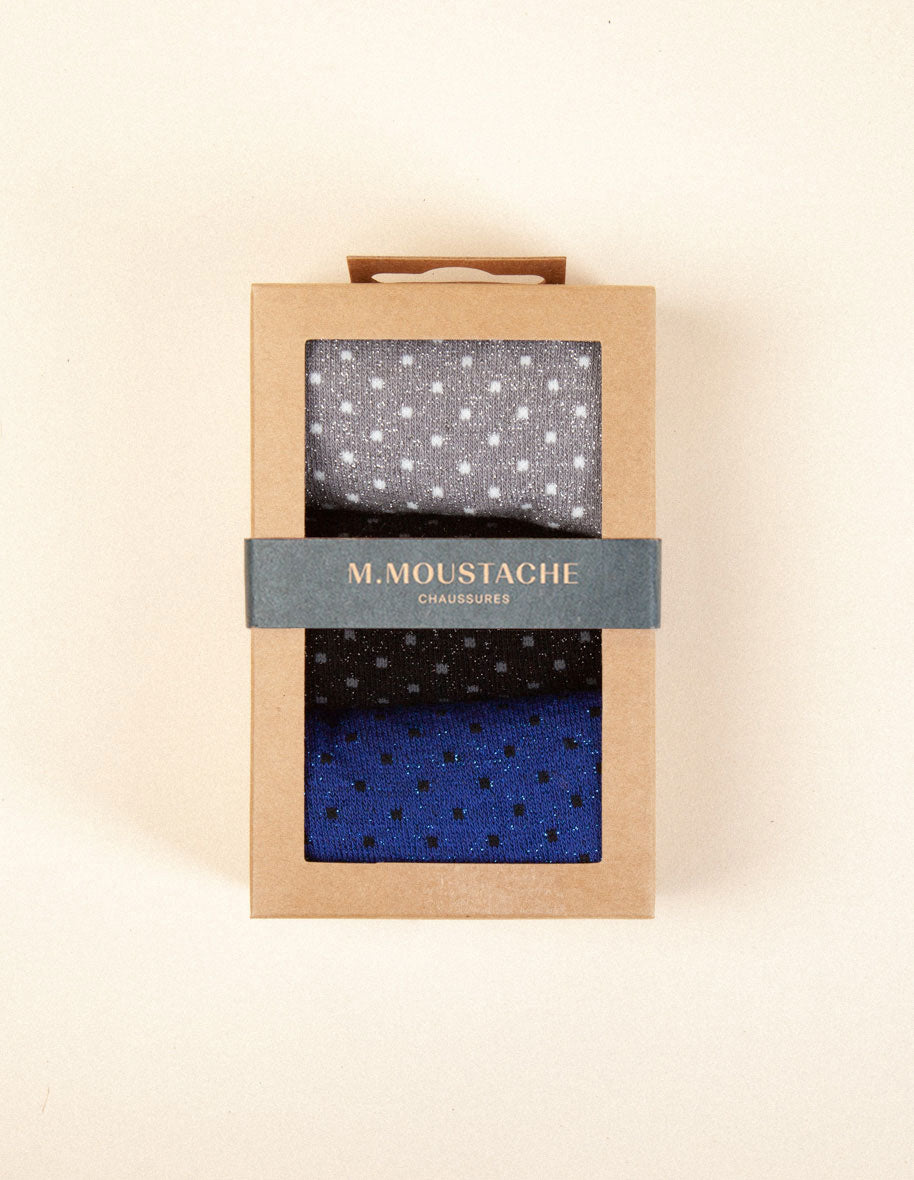 Pack de 3 Chaussettes - Pois Gris Noir et Bleu