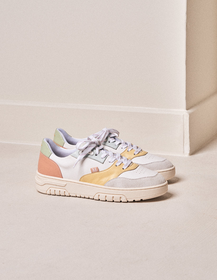 Low-top trainers Albertine - White and lemon and sky-blue leather and suede