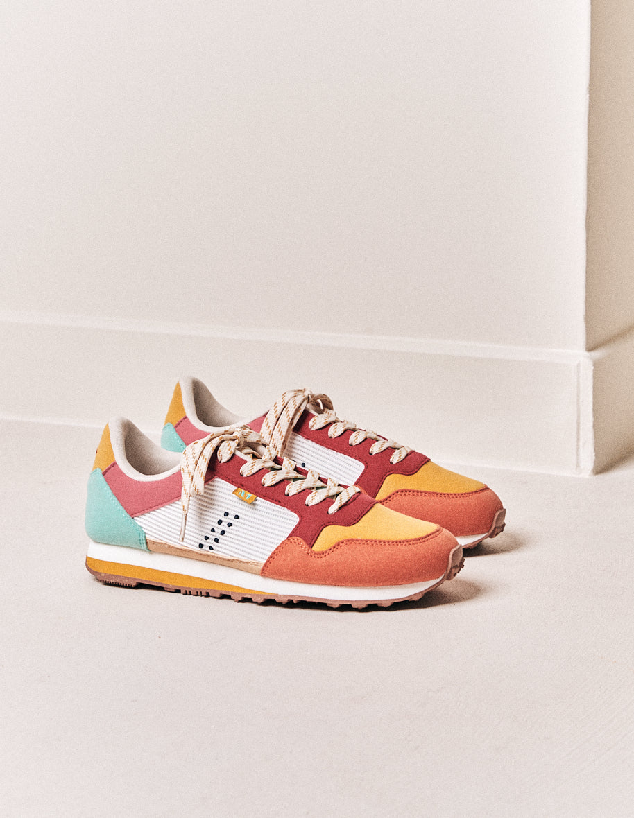 Running shoes Gabrielle - Orange, mustard and red vegan suede and mesh
