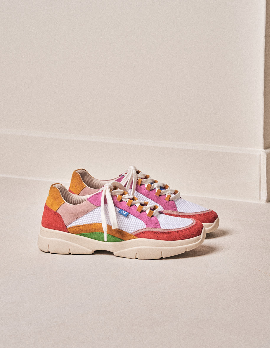 Running shoes Laura - Coral, white and pink suede and mesh