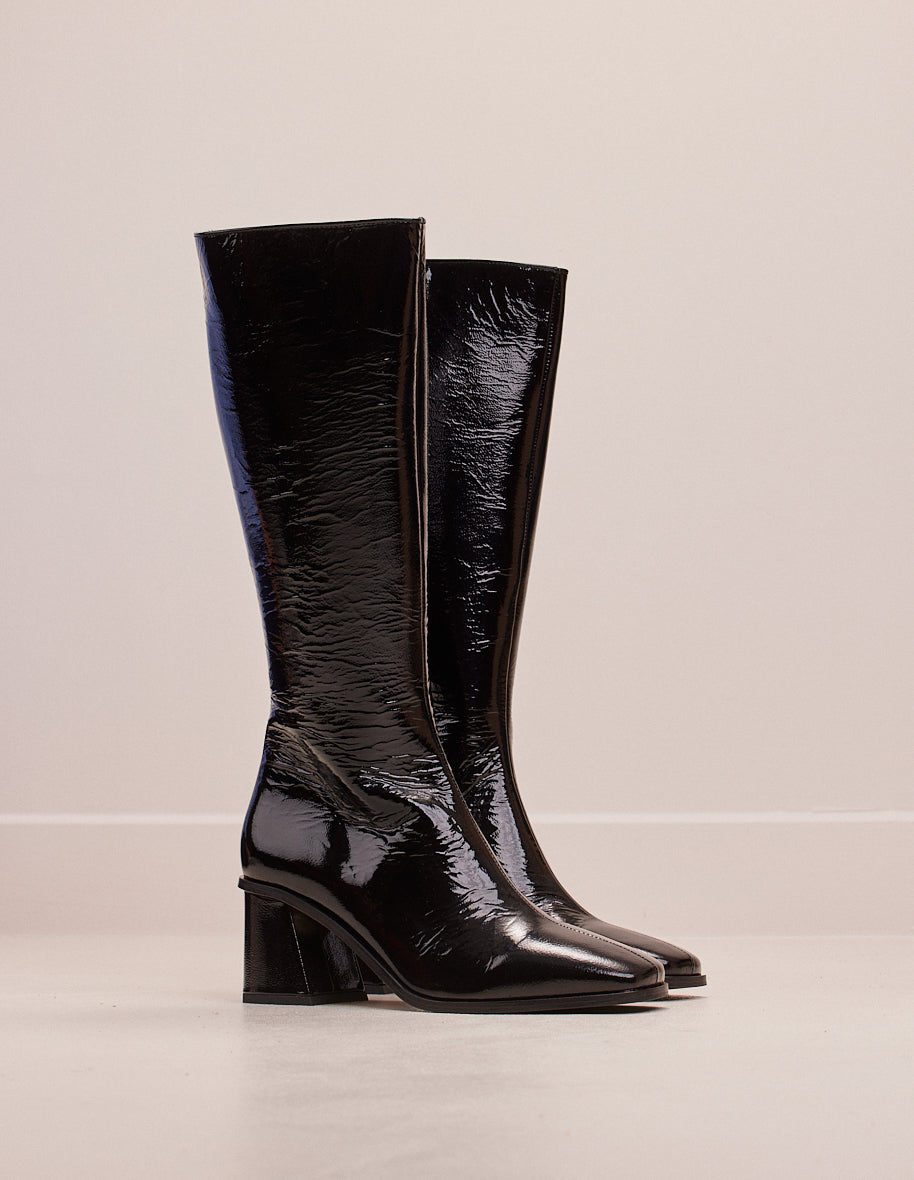 Boots Lisette - Black patent pleated leather