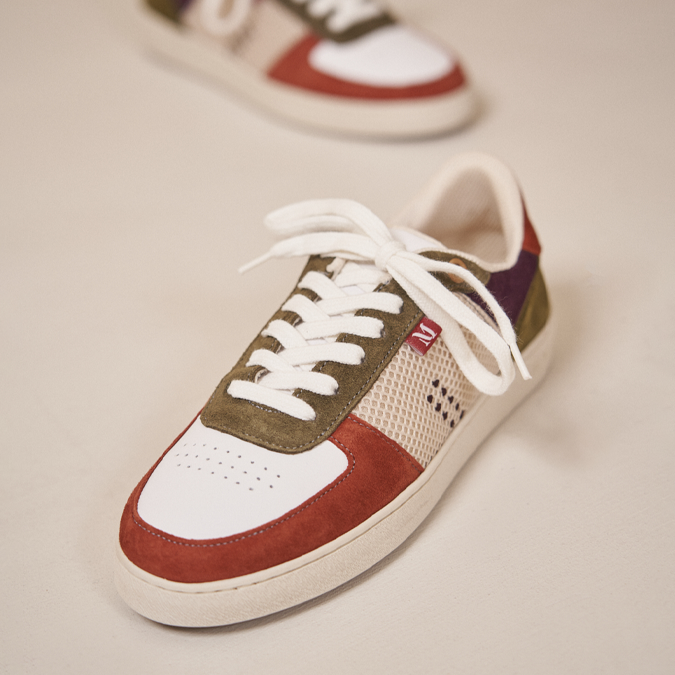 Low-top trainers Marie - Terracotta, white & khaki suede and mesh