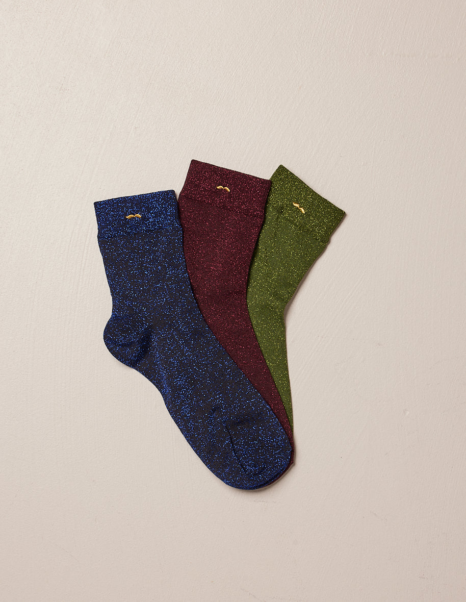 Pack of 3 socks - Blue glitter, khaki, burgundy