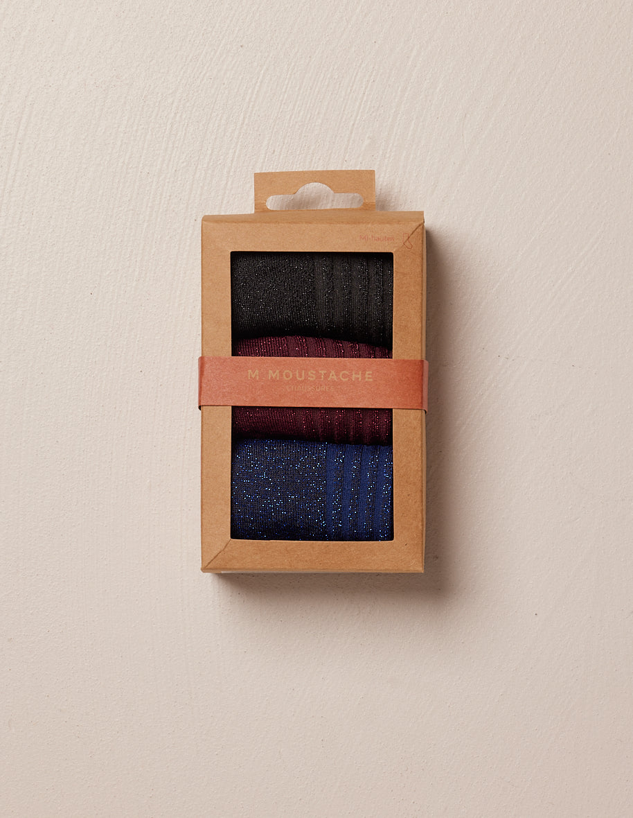 Pack de 3 Chaussettes - Côtelé noir, bordeaux et bleu