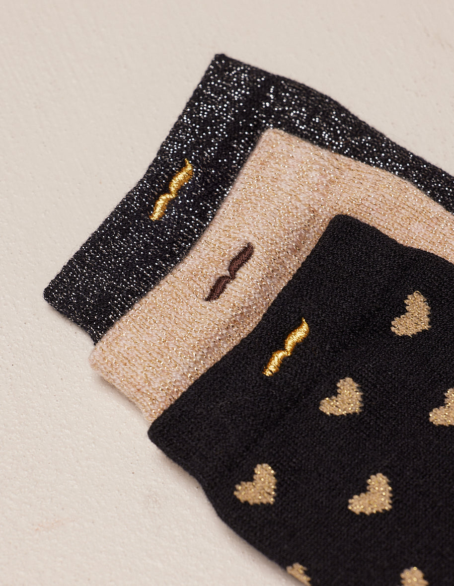 Pack of 3 Socks - Fancy little heart black gold