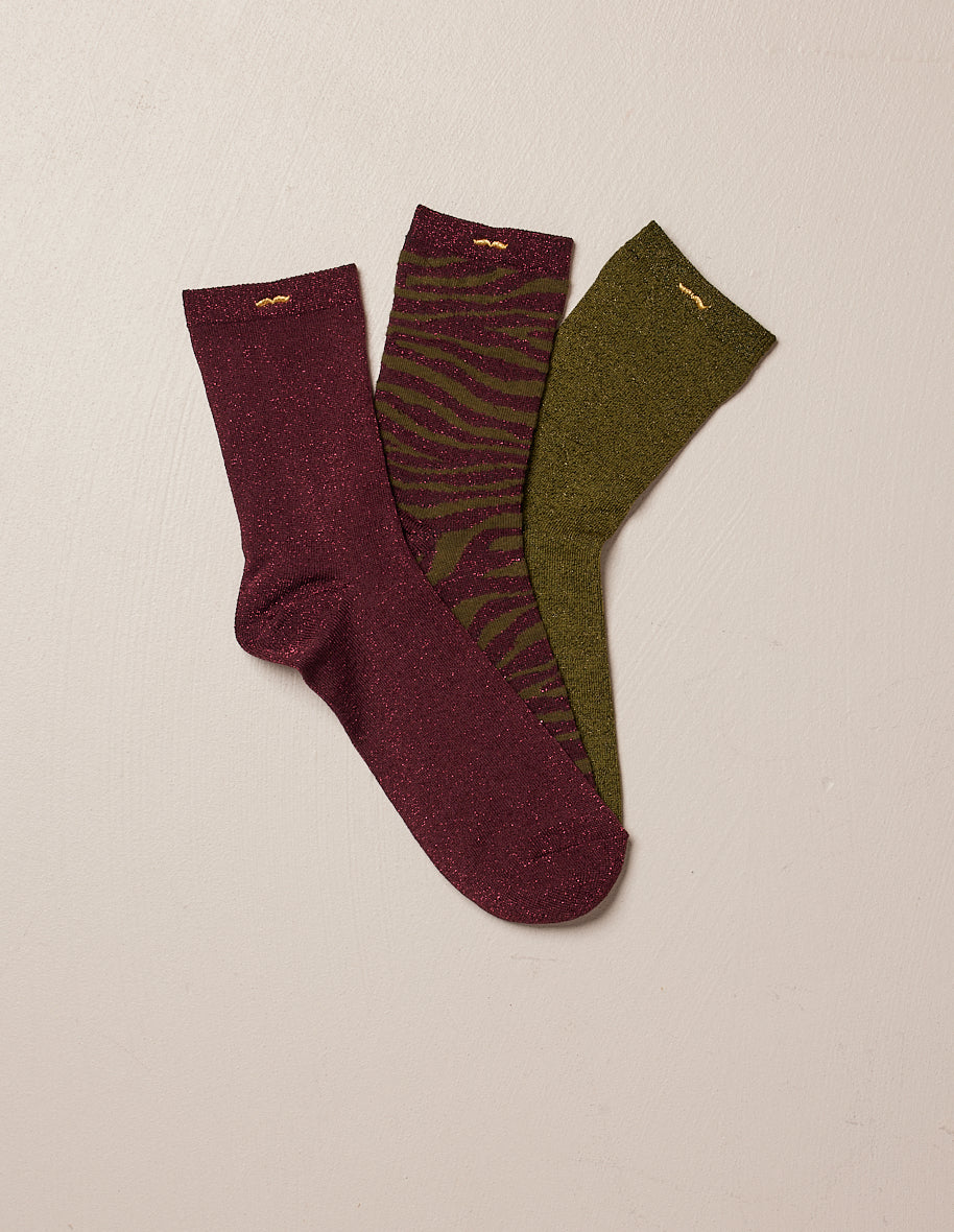 Pack of 3 socks - Fantasy - Sequins and zebra khaki