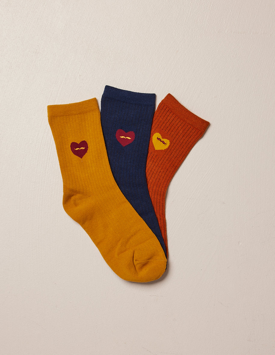 Pack of 3 socks - Fantasy - Mustard heart Marine Terracotta