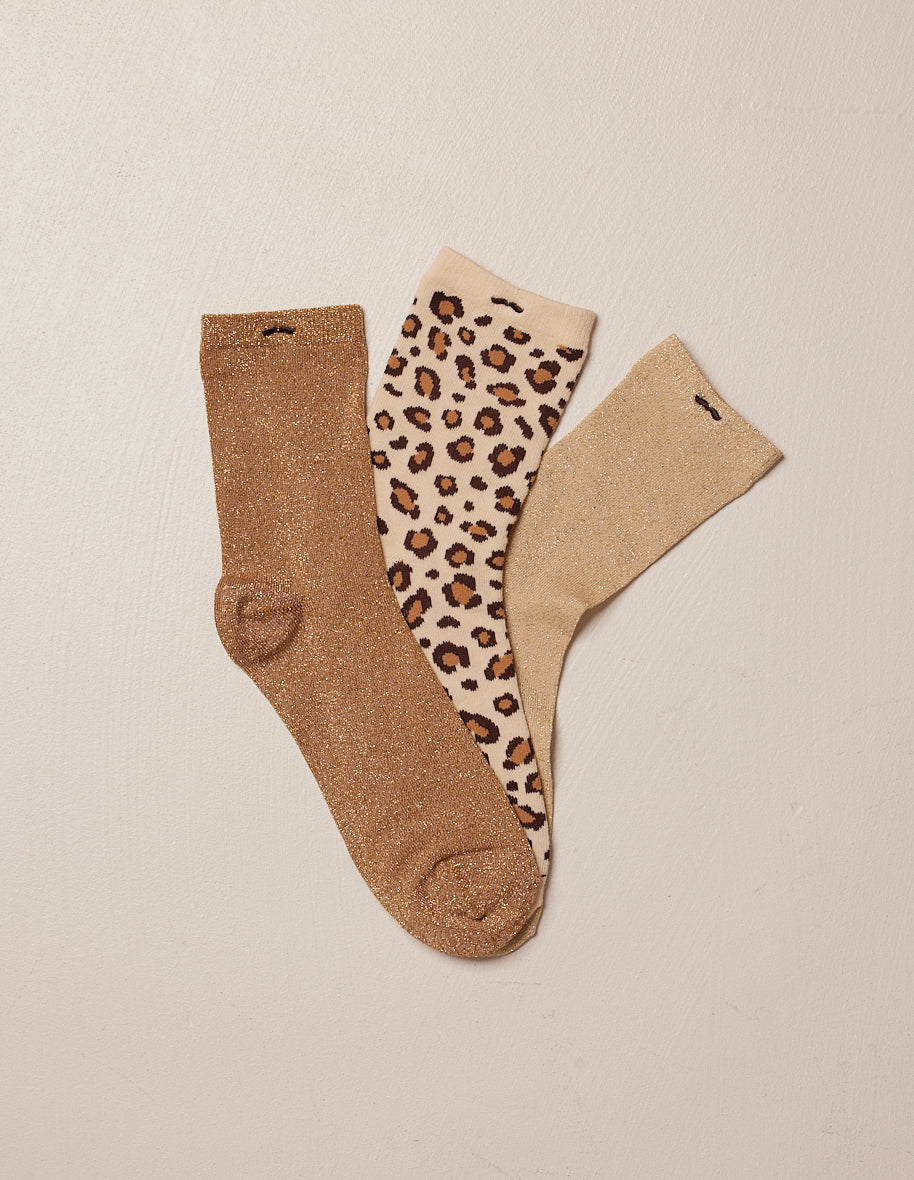 Pack of 3 socks - Fantasy - glitter and beige leopard