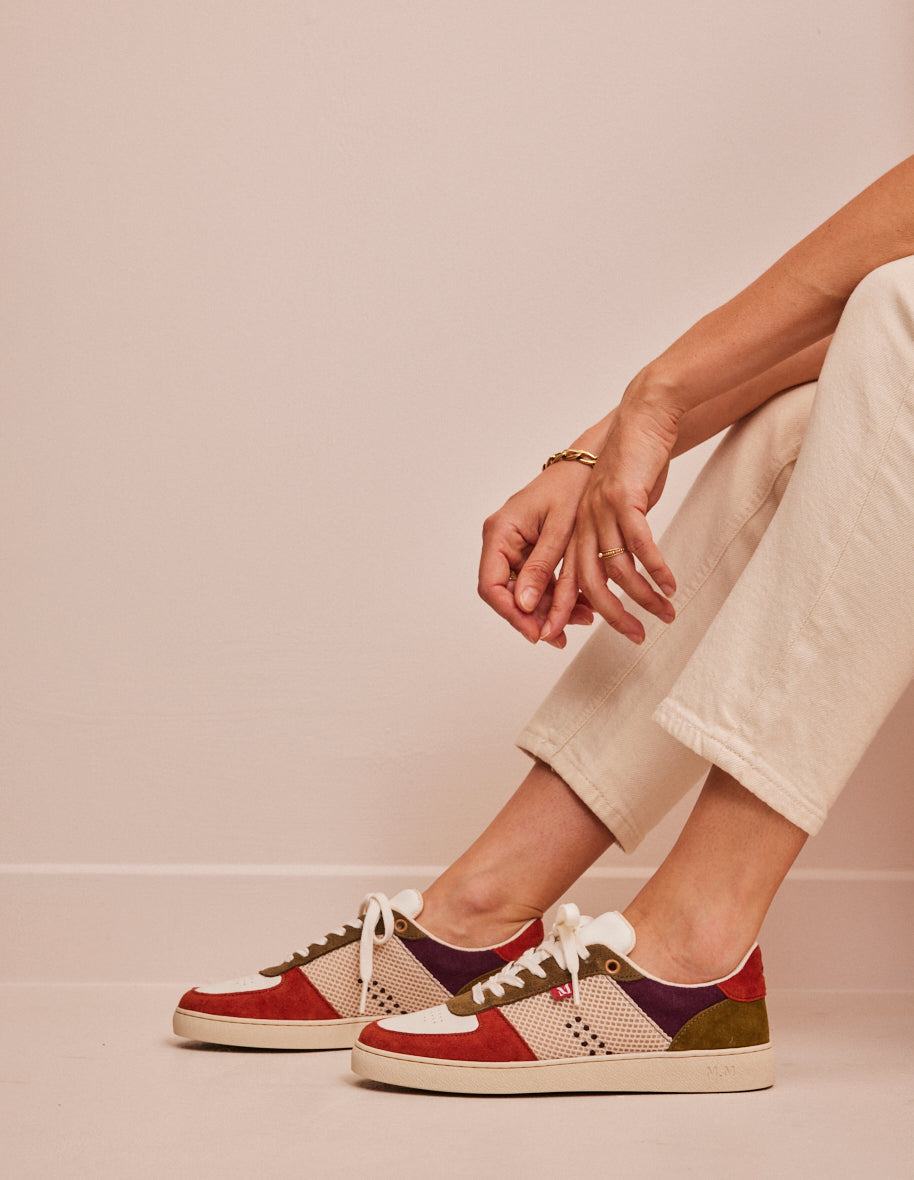 Low-top trainers Marie - Terracotta, white & khaki suede and mesh