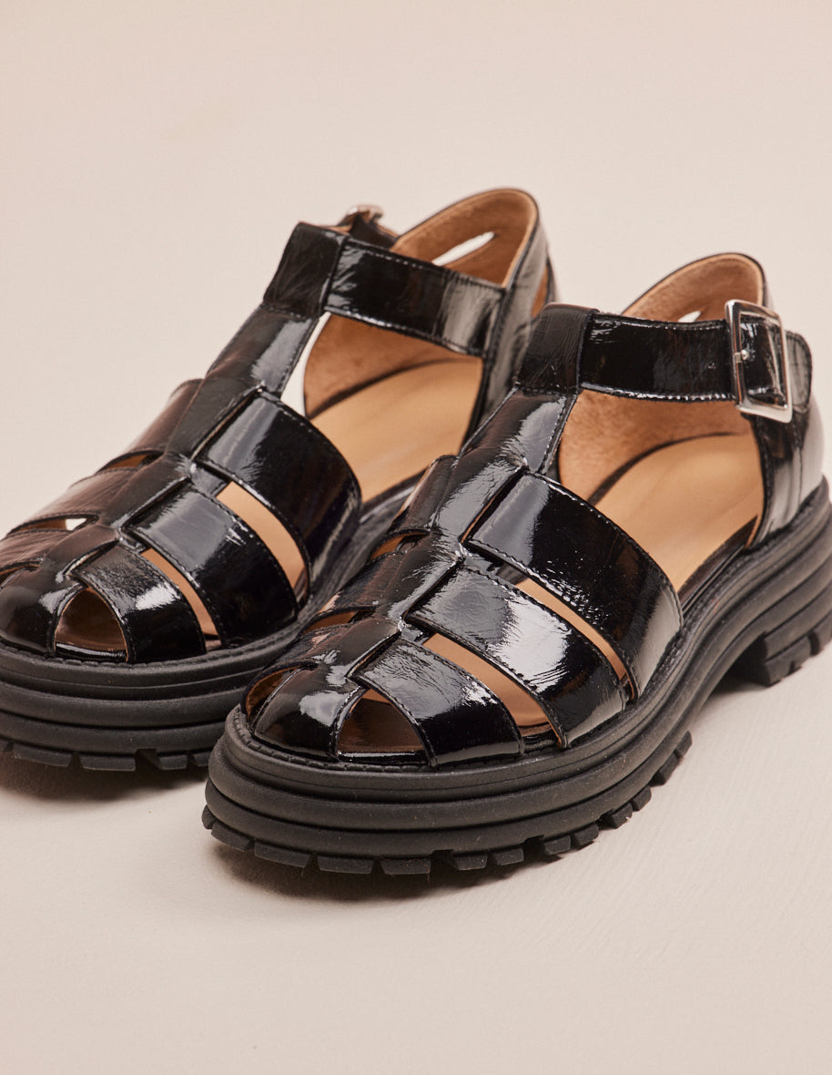Sandales plates Tess - Cuir plissé noir