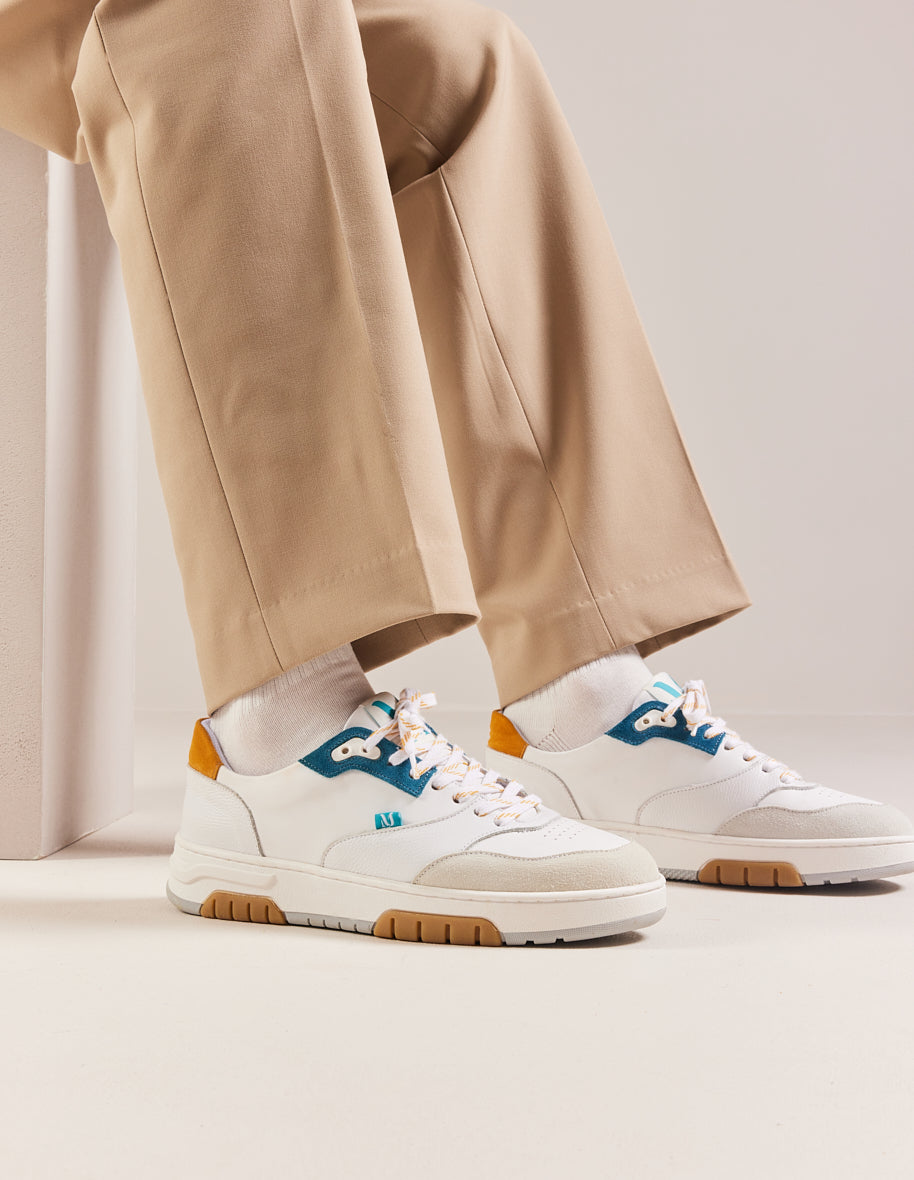 Low-top trainers Albert - White, petrol-blue and mustard leather and suede