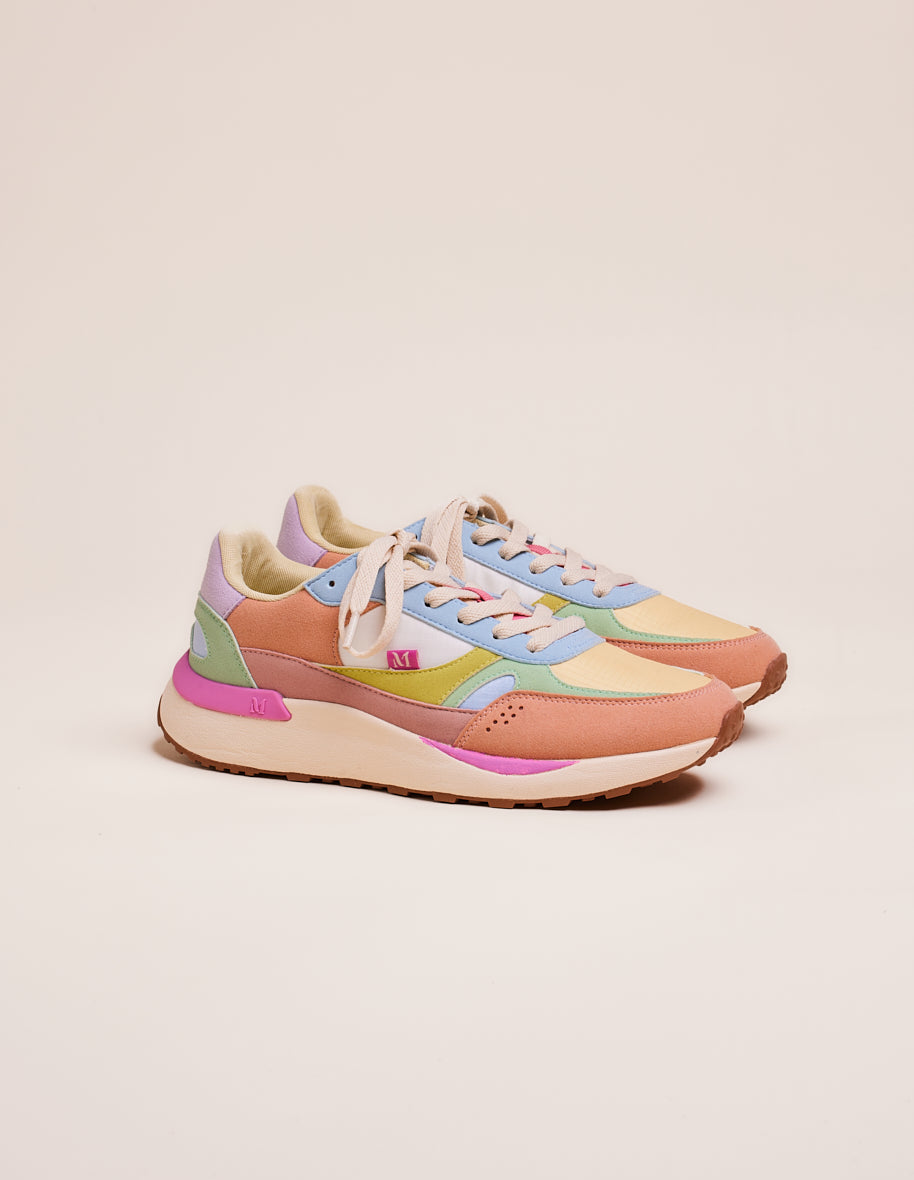 Running shoes Anaelle - Salmon, lemon and green water vegan suede and ripstop
