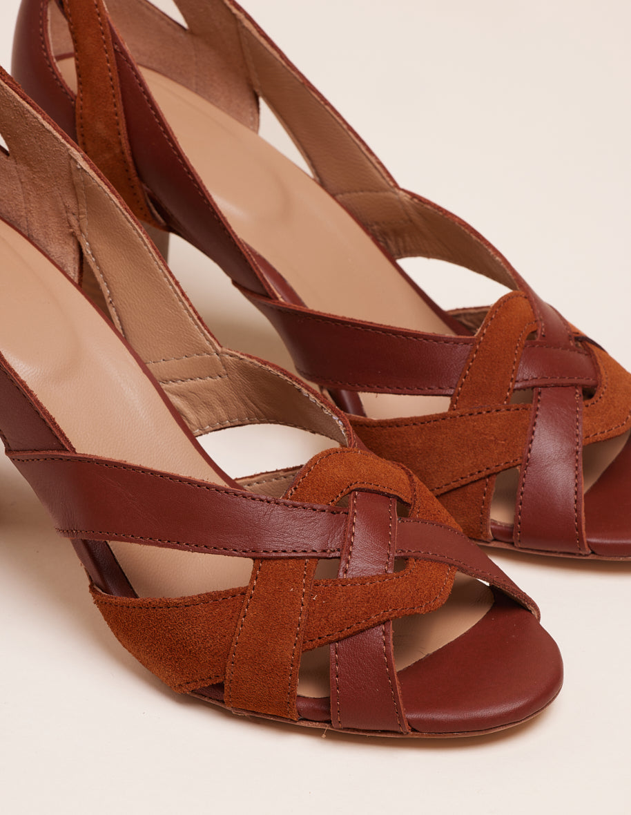 Heeled sandals Clémentine H - Cognac leather and suede