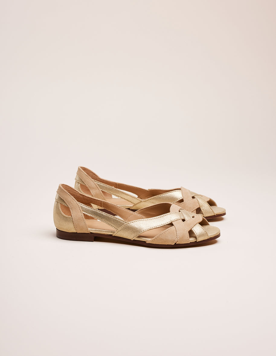 Flat sandals Clémentine - Champagne and beige suede