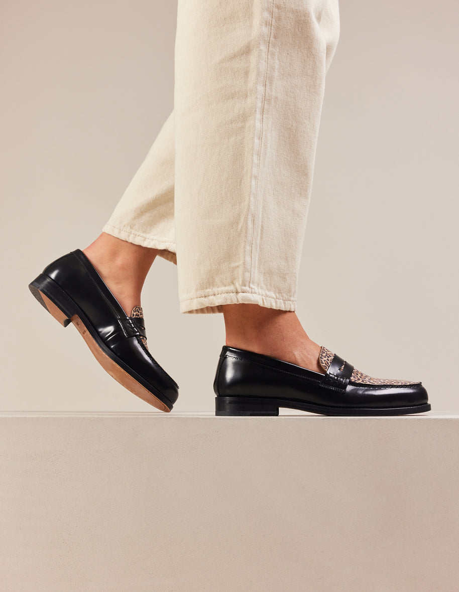 Loafers Fanny - Black and leopard box leather