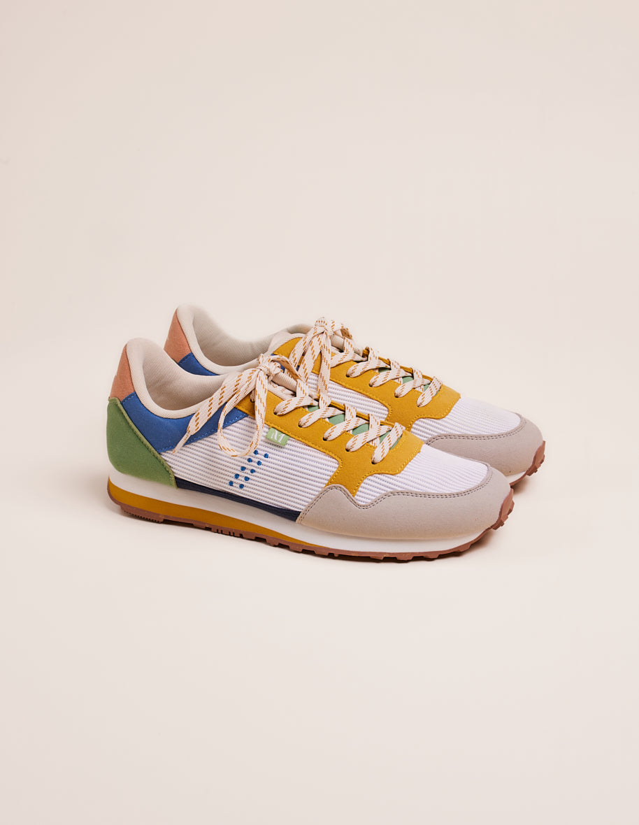 Running shoes Gabriel - Light grey, white and mustard vegan suede and mesh