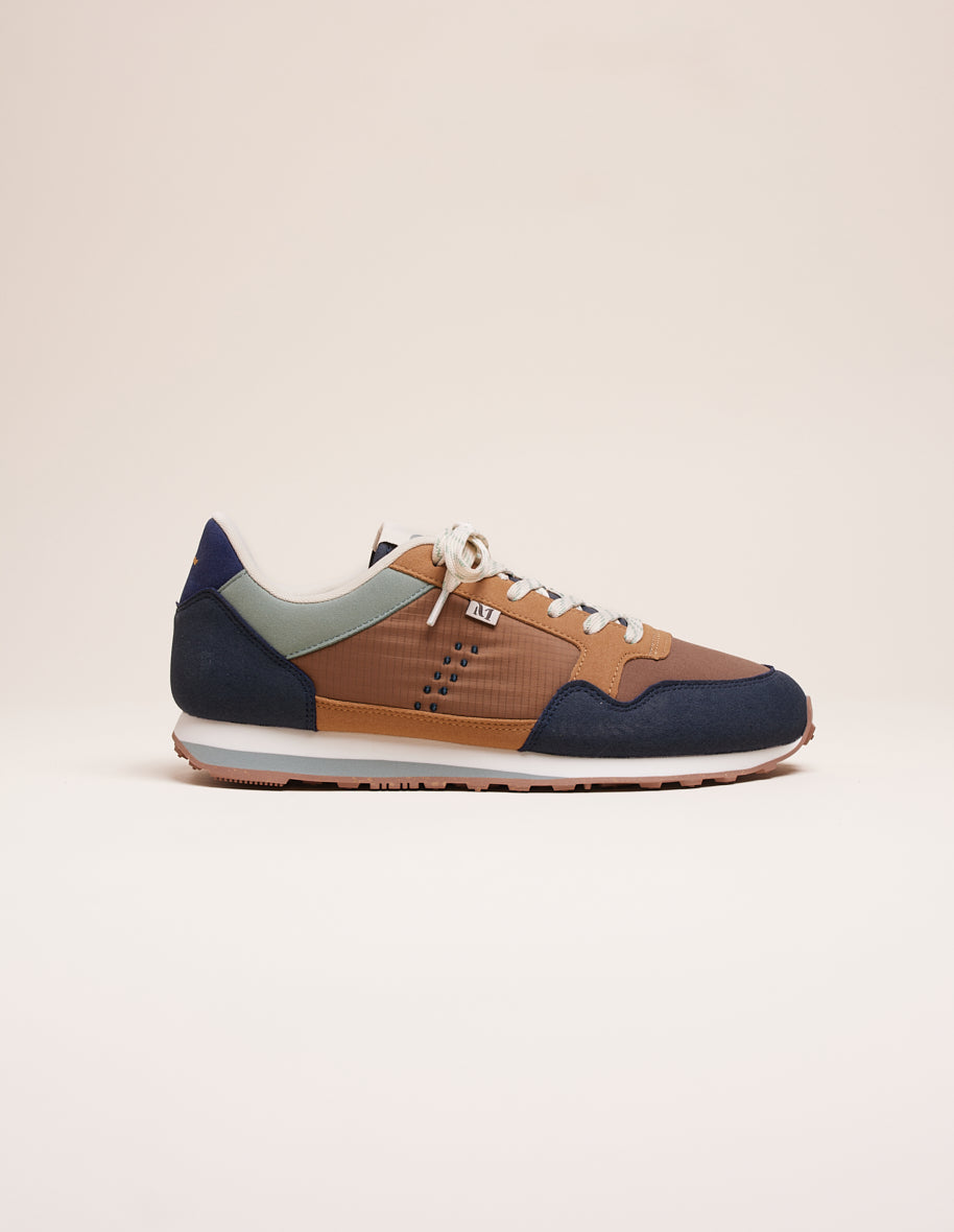Running shoes Gabriel - Petrol blue, brown & beige vegan suede and ripstop