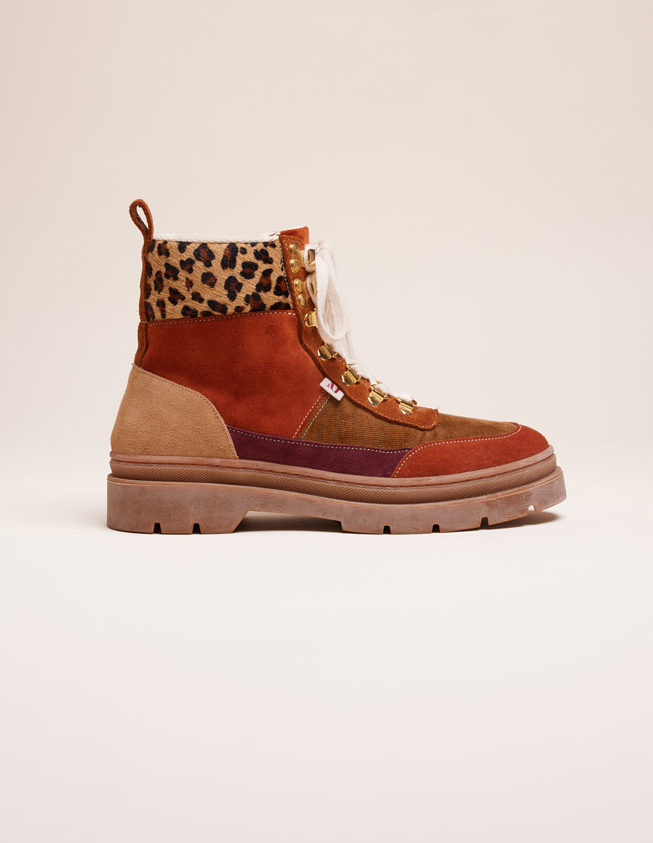 Lace-up boots Joelle - Suede and pony cognac amber brown