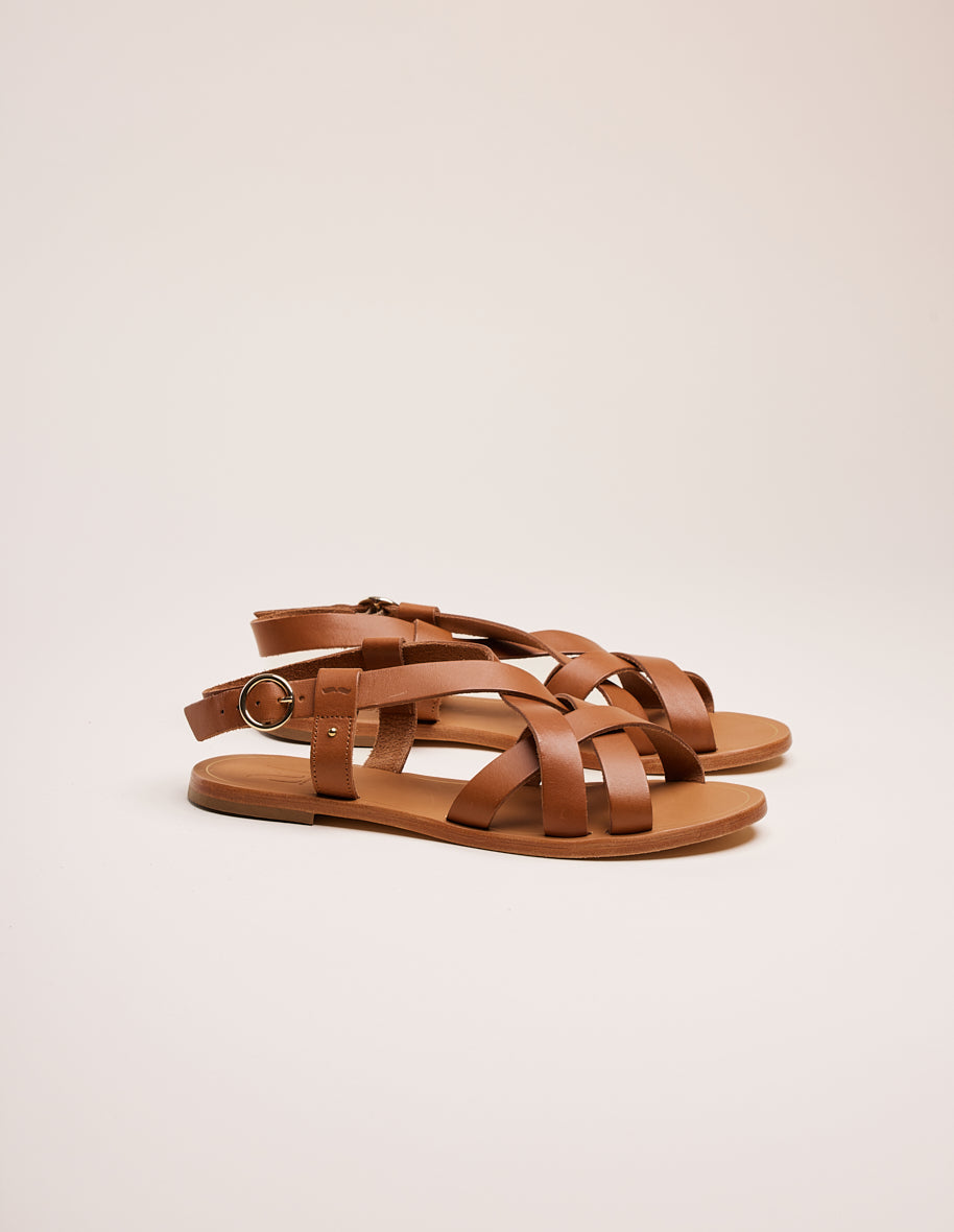 Sandales plates Lisa - Cuir camel