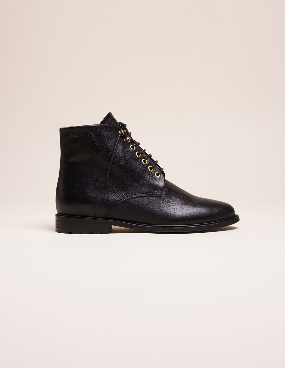 Ankle boots Lucienne - Black grained leather with eyelets