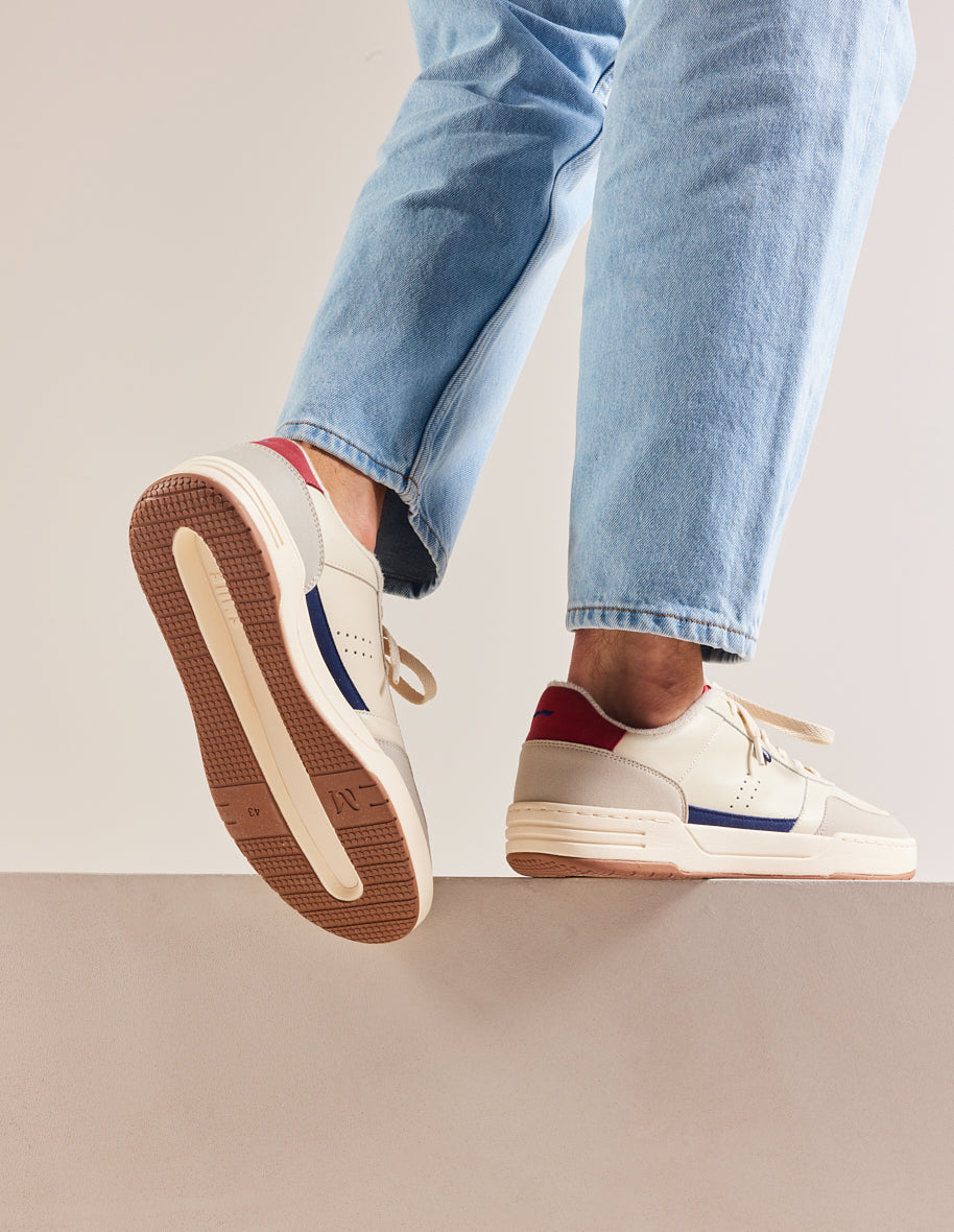 Low-top trainers Mael - Ecru, navy-blue and red recycled leather and vegan suede