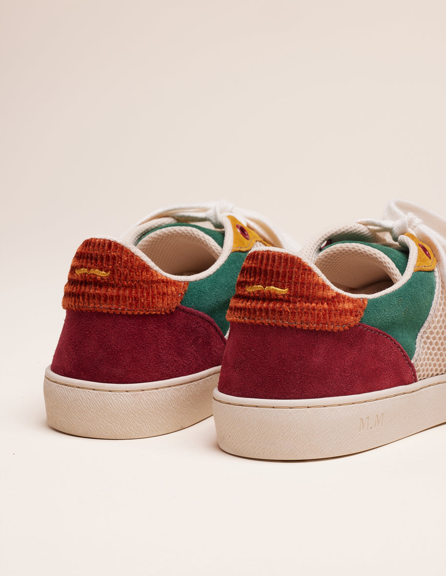 Low-top trainers Marie - Suede and mesh in burgundy mustard beige