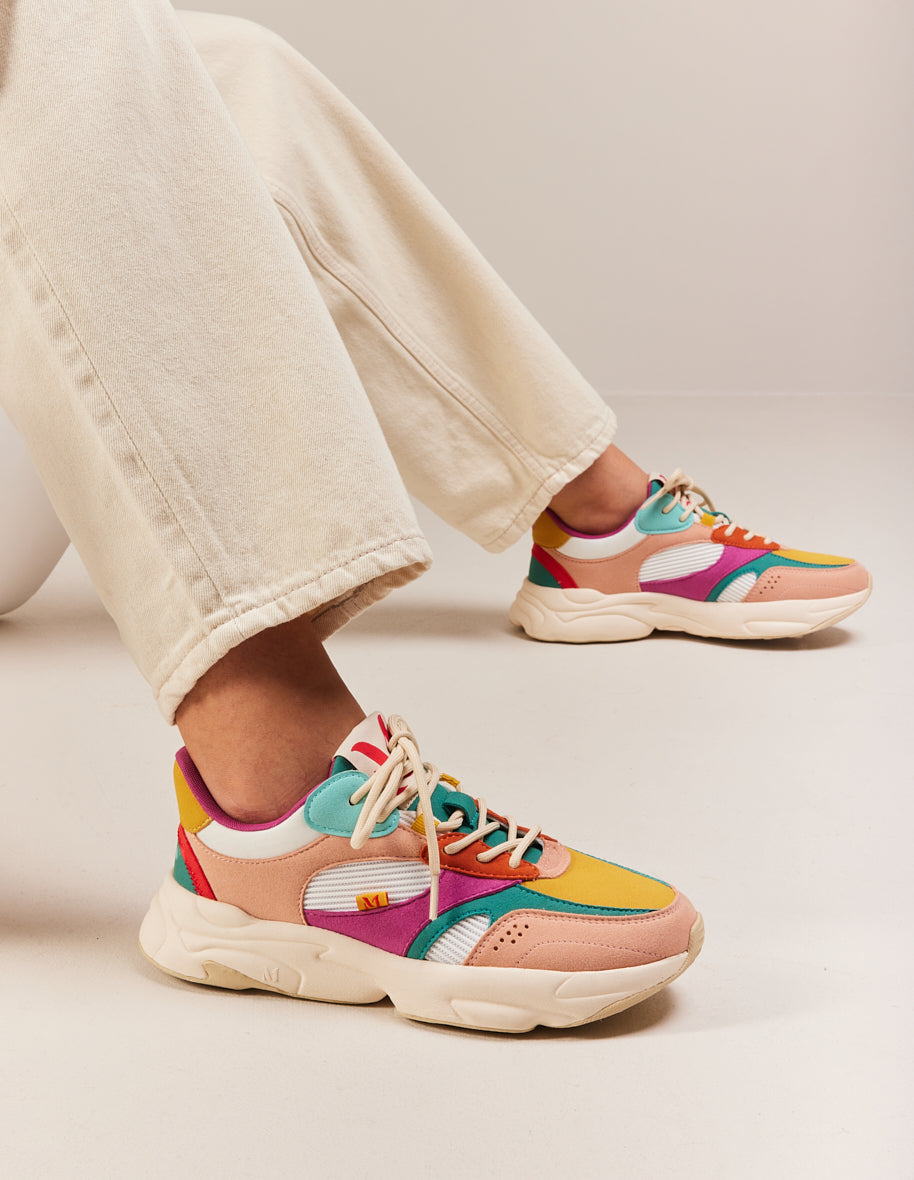 Low-top trainers Nathanaelle - Salmon, turquoise and mustard vegan suede and mesh
