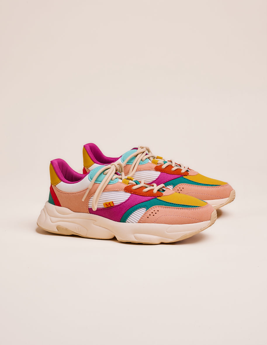 Running shoes Nathanaelle - Salmon, turquoise and mustard vegan suede and mesh