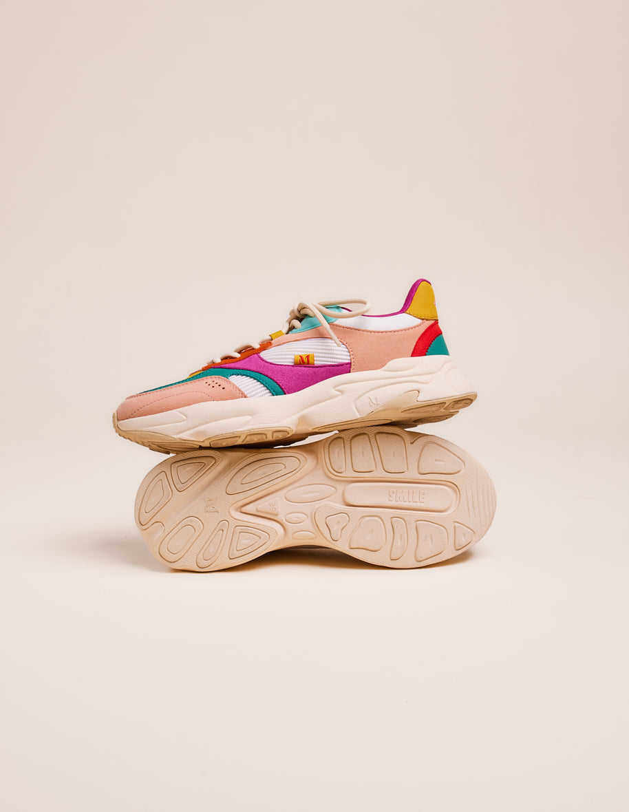 Low-top trainers Nathanaelle - Salmon, turquoise and mustard vegan suede and mesh