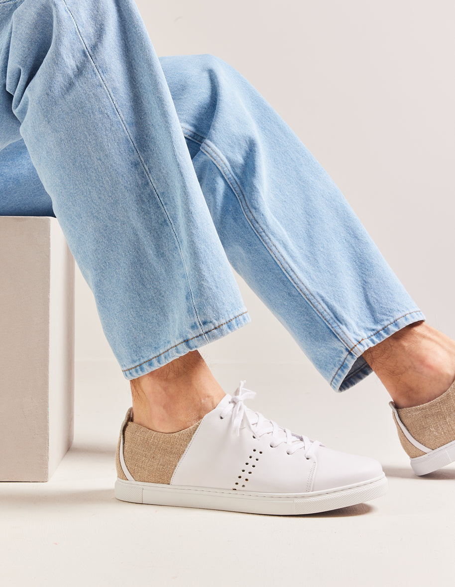 Low-top trainers René - White leather and linen