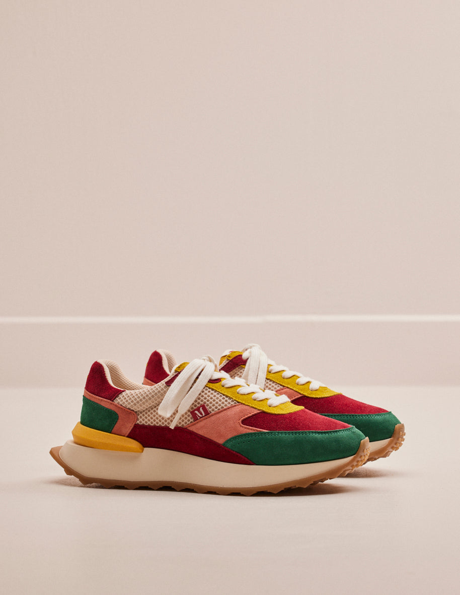 Low-top trainers Yaelle - Suede and mesh fir burgundy yellow