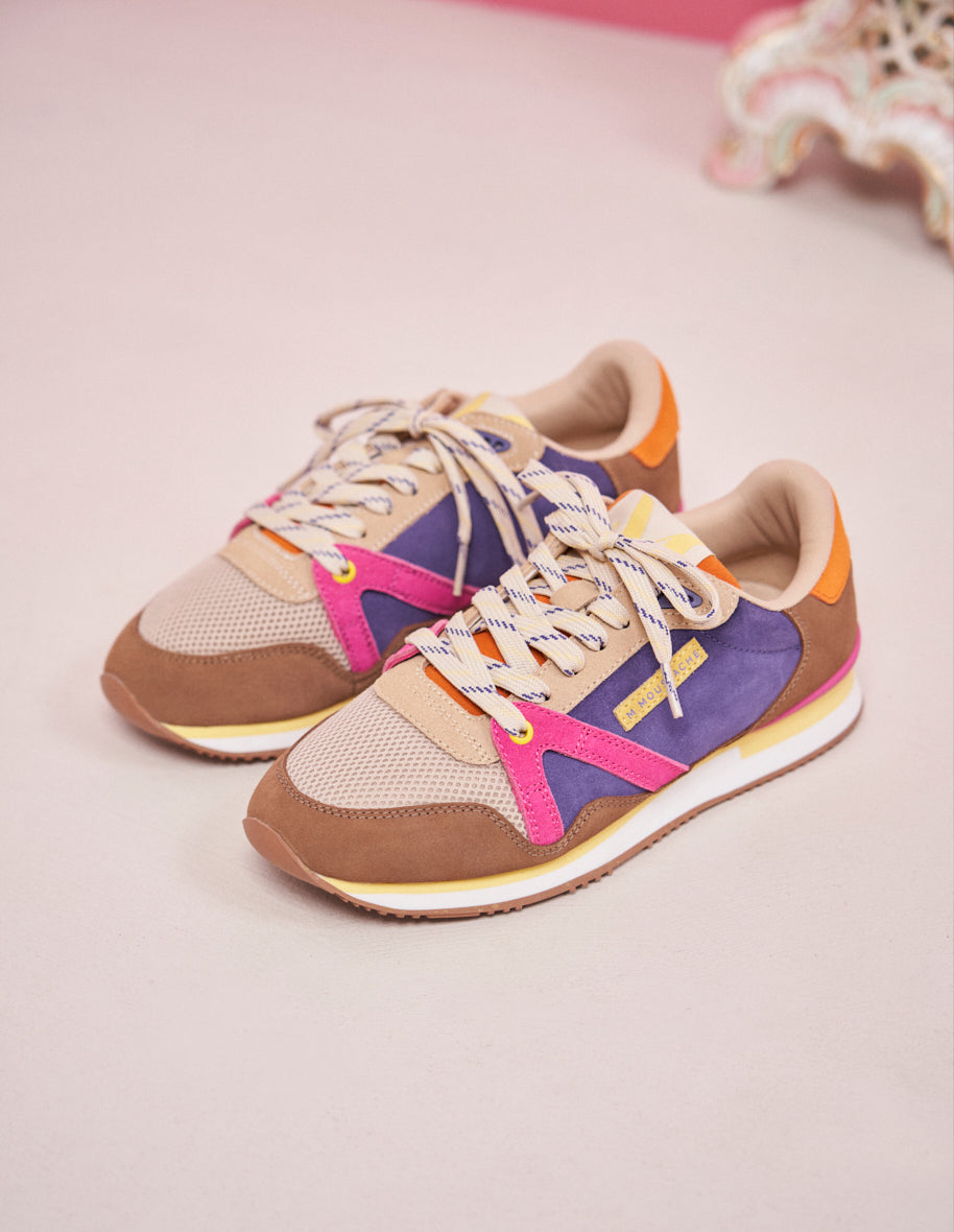 Running shoes Andrée - Taupe, ecru & fuchsia vegan suede and mesh