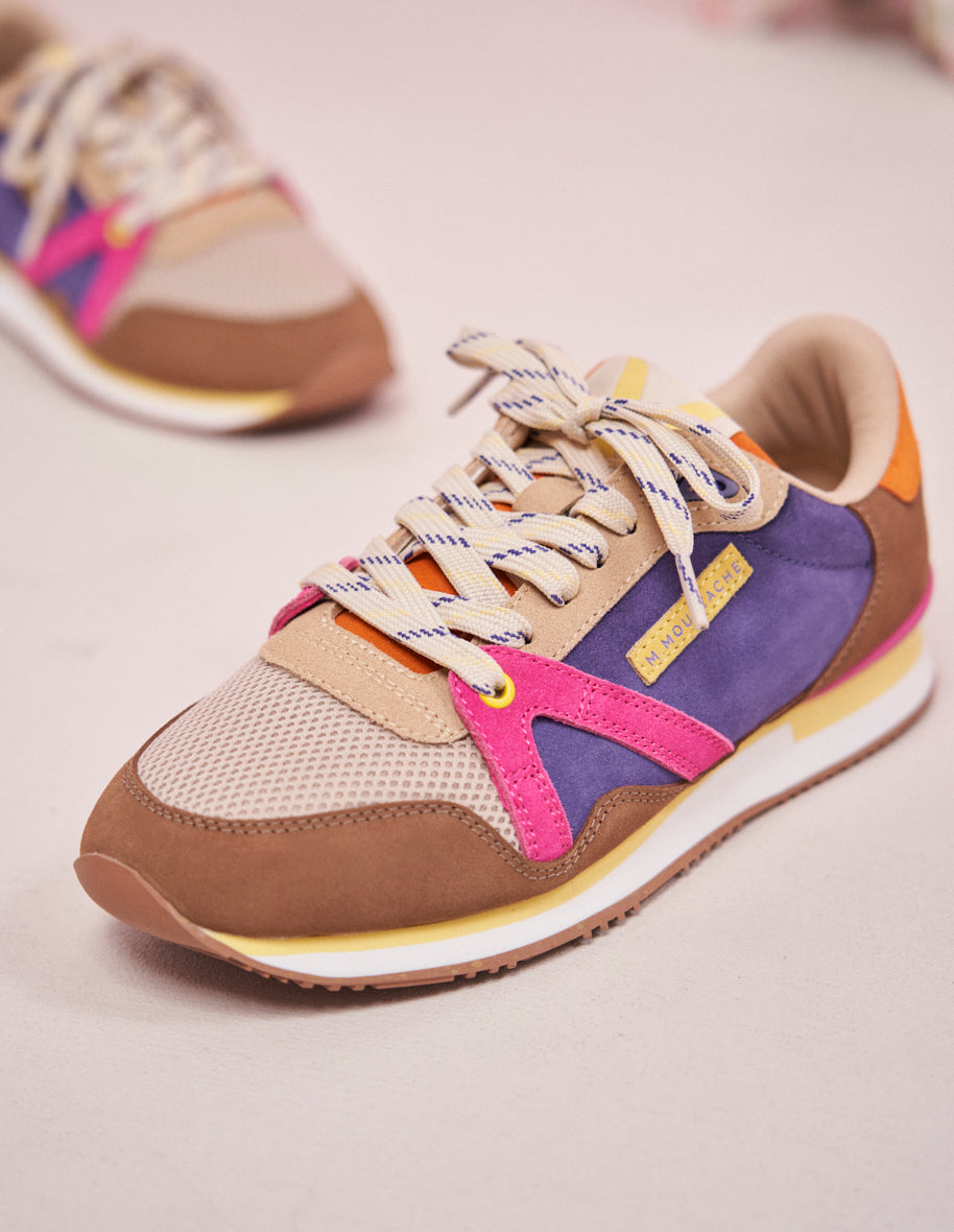 Running shoes Andrée - Taupe, ecru & fuchsia vegan suede and mesh