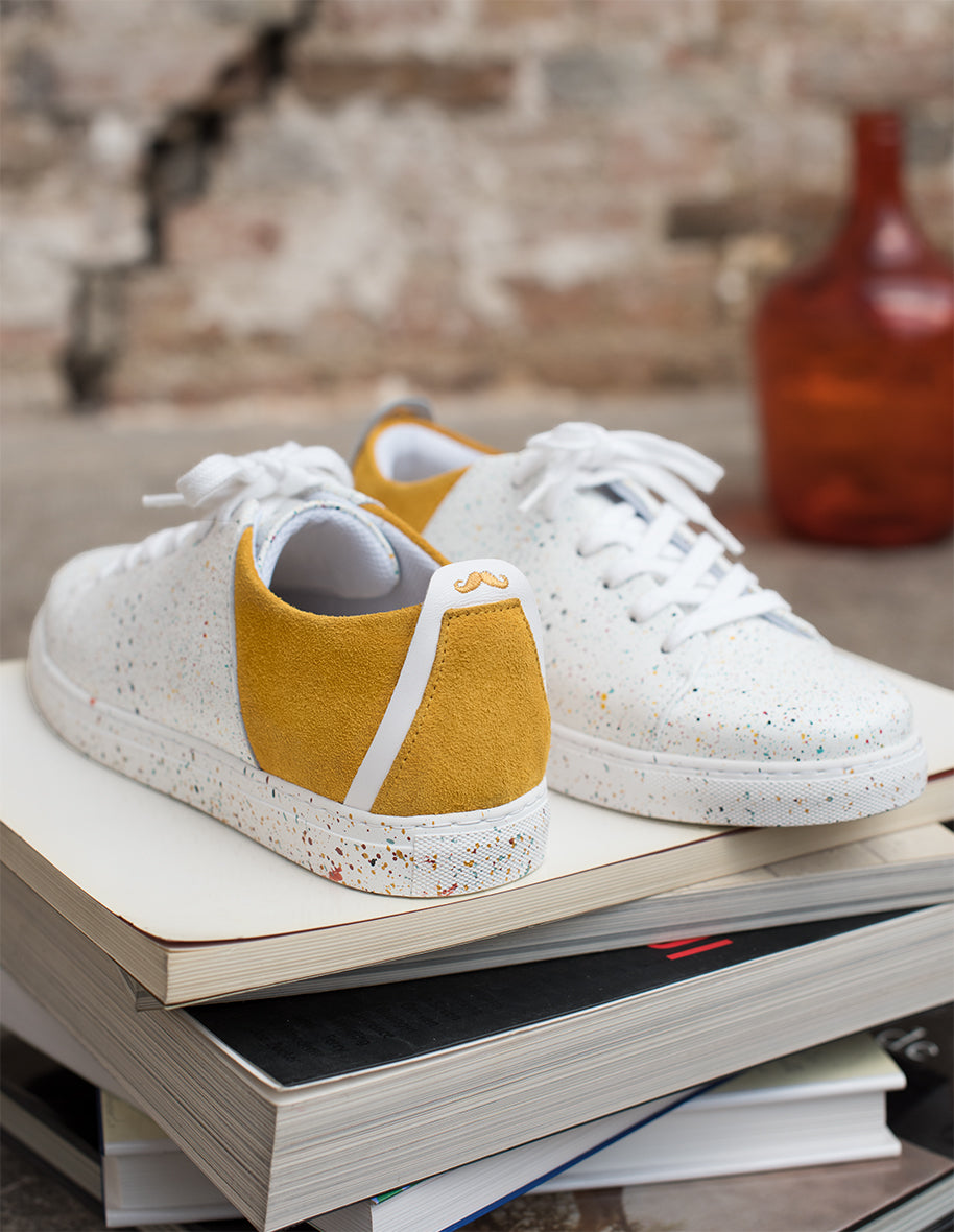 Renée low sneakers - white leather paint and suede mustard