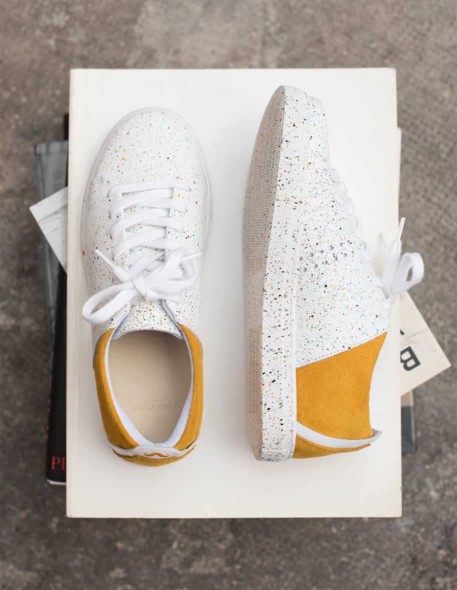 Renée low sneakers - white leather paint and suede mustard