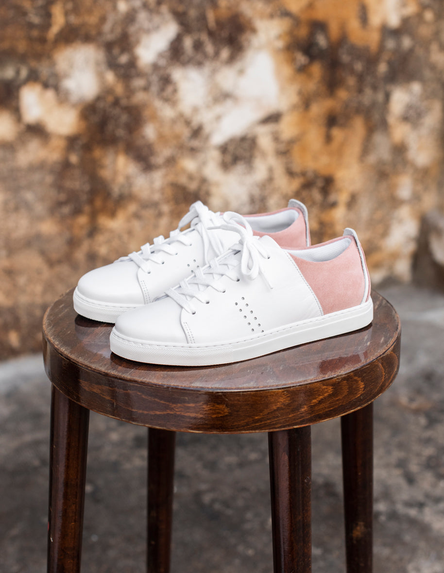 Low-top sneakers Renée - White leather and nude suede