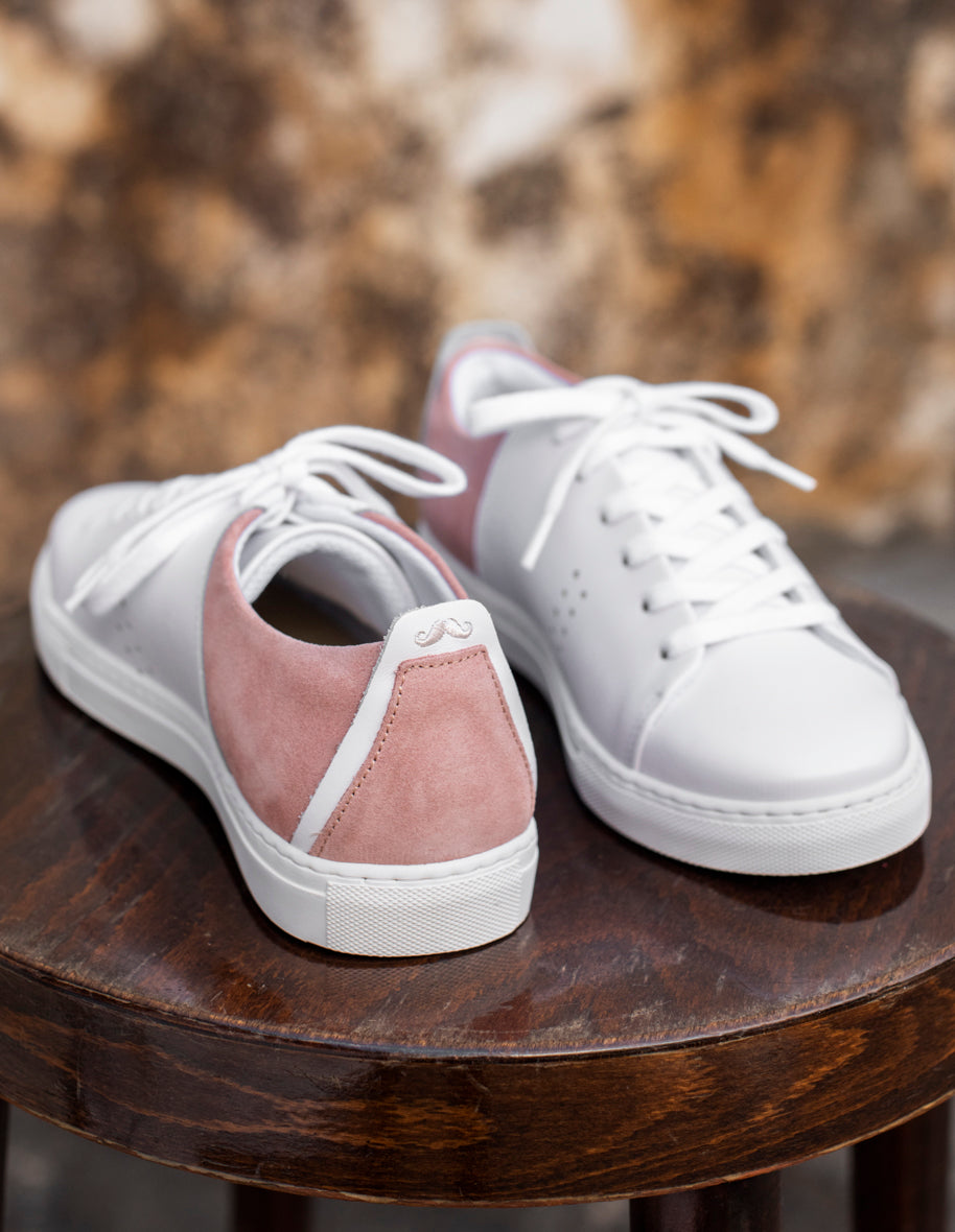 Low-top sneakers Renée - White leather and nude suede