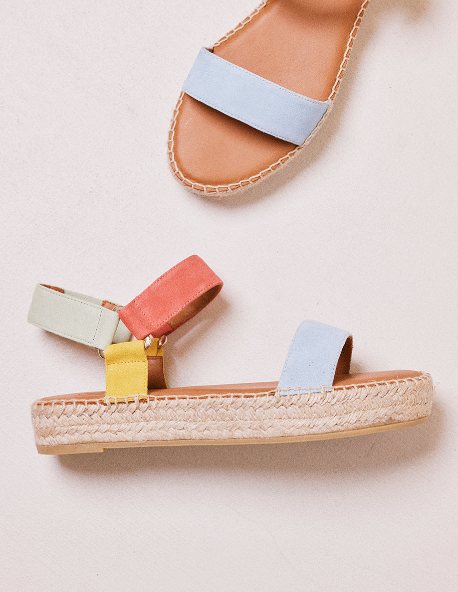 Wedges Flore - Sky-blue, coral and yellow suede